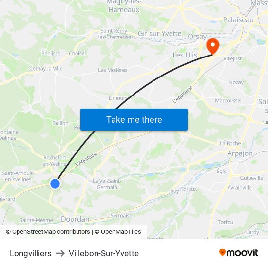 Longvilliers to Villebon-Sur-Yvette map