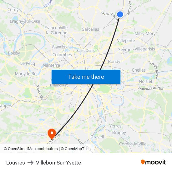 Louvres to Villebon-Sur-Yvette map