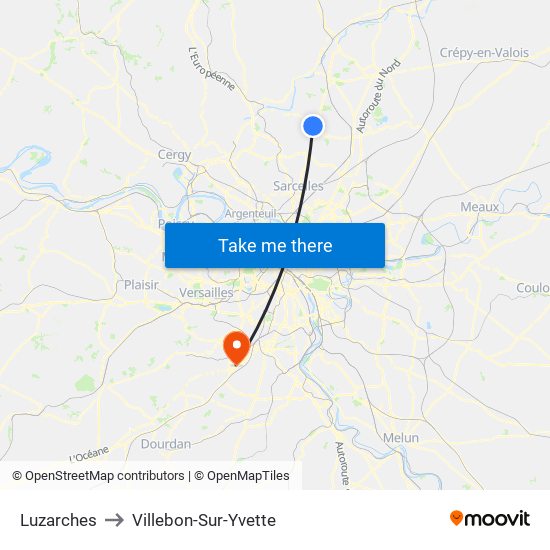 Luzarches to Villebon-Sur-Yvette map