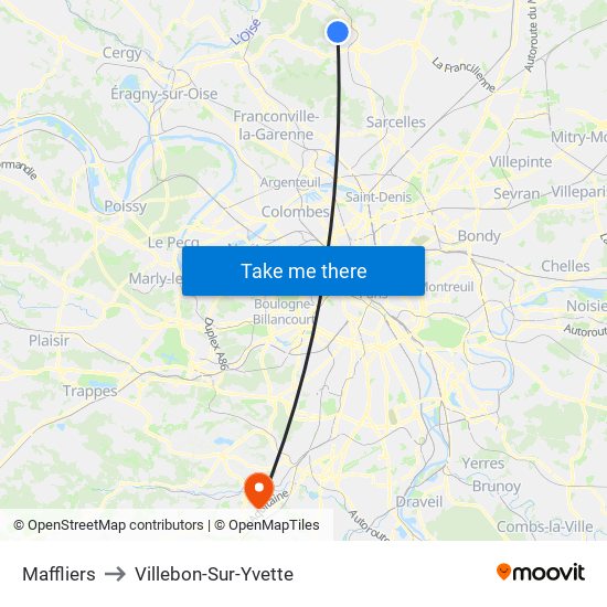 Maffliers to Villebon-Sur-Yvette map