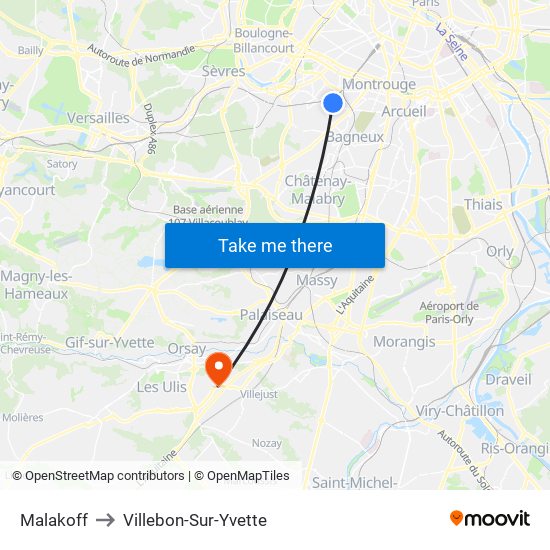 Malakoff to Villebon-Sur-Yvette map