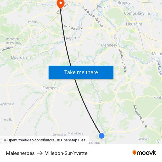 Malesherbes to Villebon-Sur-Yvette map