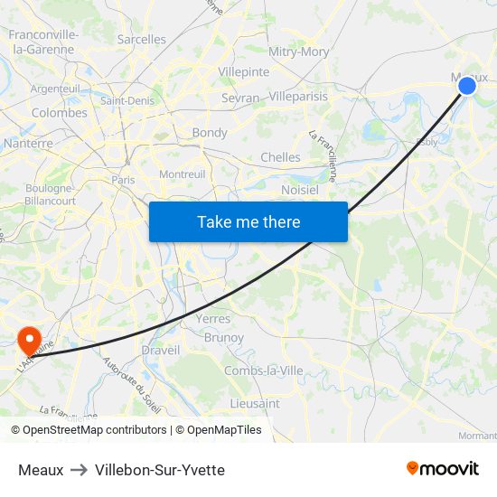 Meaux to Villebon-Sur-Yvette map