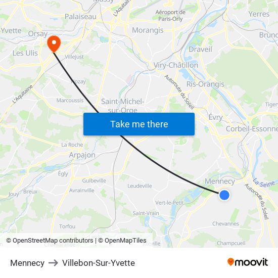 Mennecy to Villebon-Sur-Yvette map