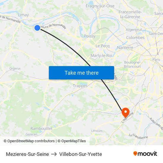 Mezieres-Sur-Seine to Villebon-Sur-Yvette map