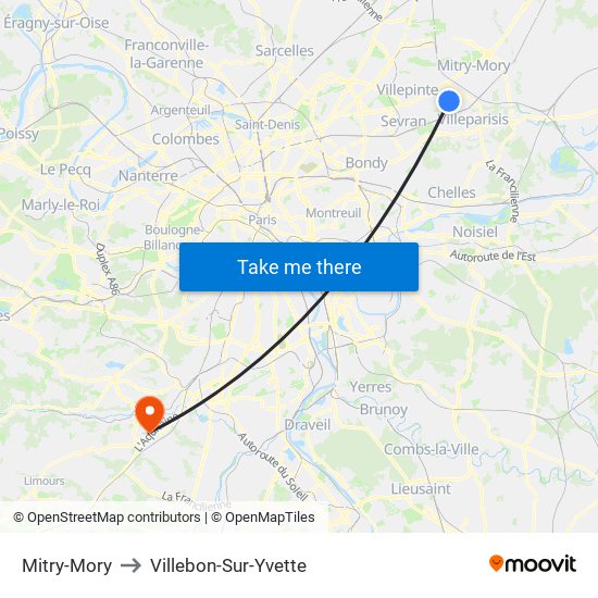 Mitry-Mory to Villebon-Sur-Yvette map