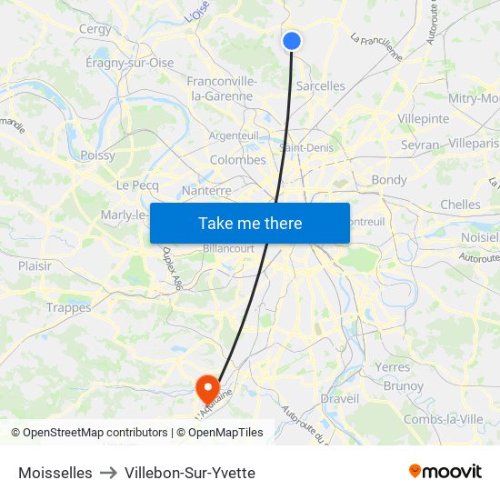 Moisselles to Villebon-Sur-Yvette map