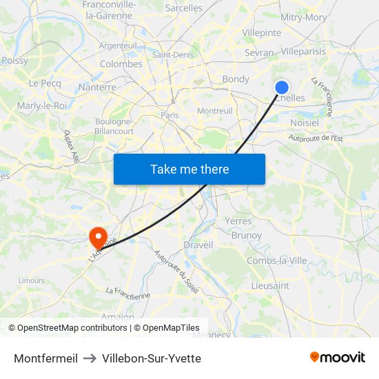 Montfermeil to Villebon-Sur-Yvette map