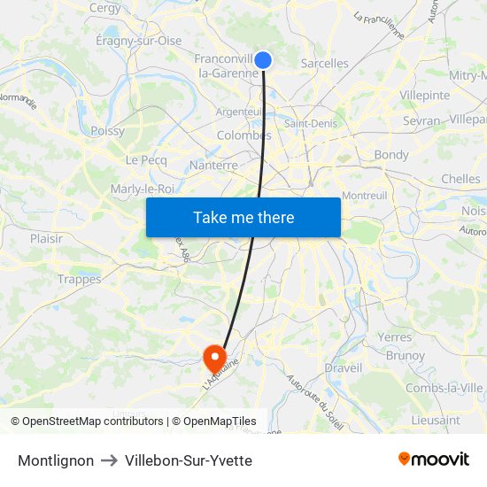 Montlignon to Villebon-Sur-Yvette map