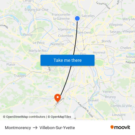 Montmorency to Villebon-Sur-Yvette map