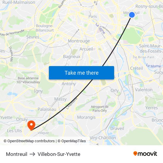 Montreuil to Villebon-Sur-Yvette map