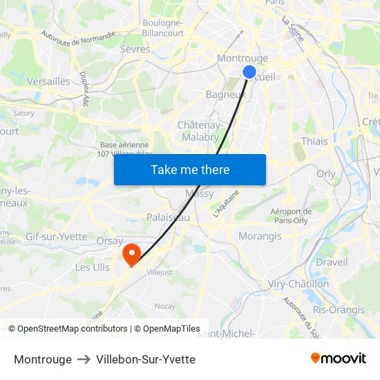 Montrouge to Villebon-Sur-Yvette map