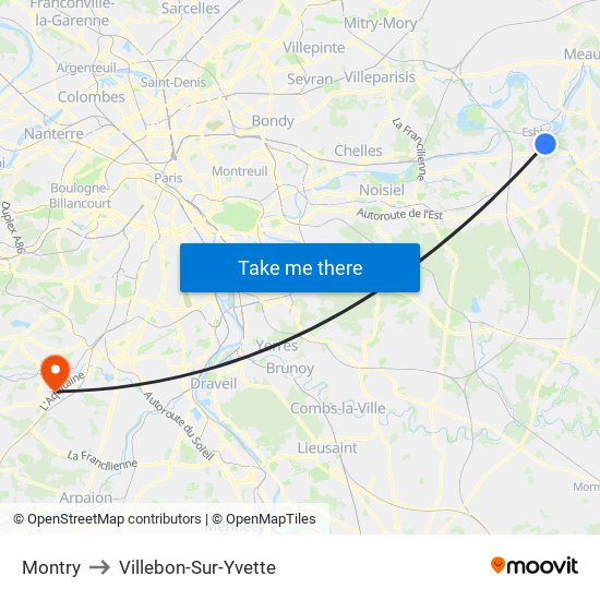 Montry to Villebon-Sur-Yvette map