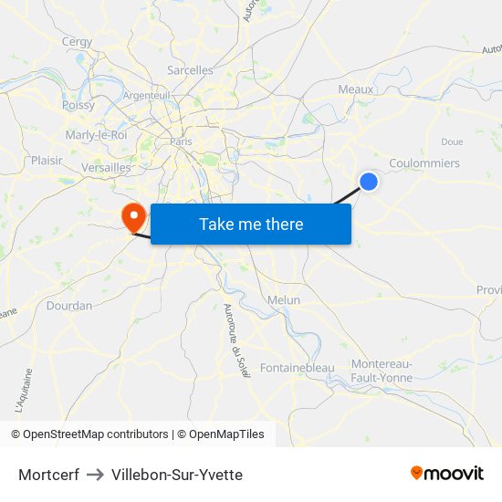Mortcerf to Villebon-Sur-Yvette map