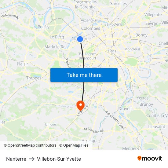 Nanterre to Villebon-Sur-Yvette map