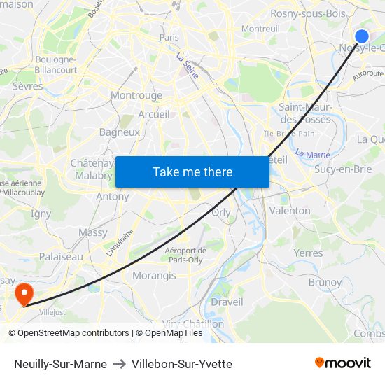 Neuilly-Sur-Marne to Villebon-Sur-Yvette map