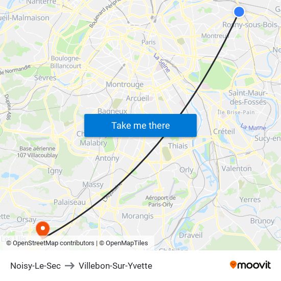 Noisy-Le-Sec to Villebon-Sur-Yvette map
