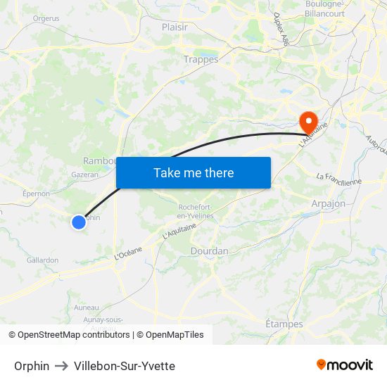 Orphin to Villebon-Sur-Yvette map