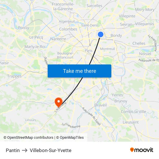 Pantin to Villebon-Sur-Yvette map
