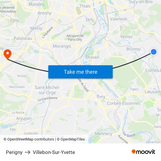 Perigny to Villebon-Sur-Yvette map