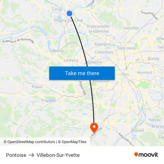 Pontoise to Villebon-Sur-Yvette map