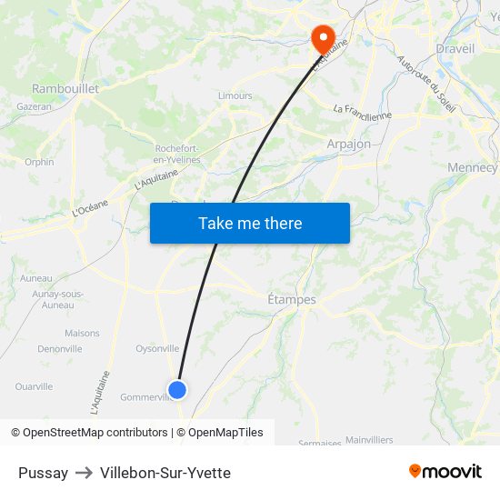 Pussay to Villebon-Sur-Yvette map