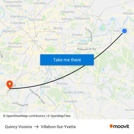 Quincy-Voisins to Villebon-Sur-Yvette map