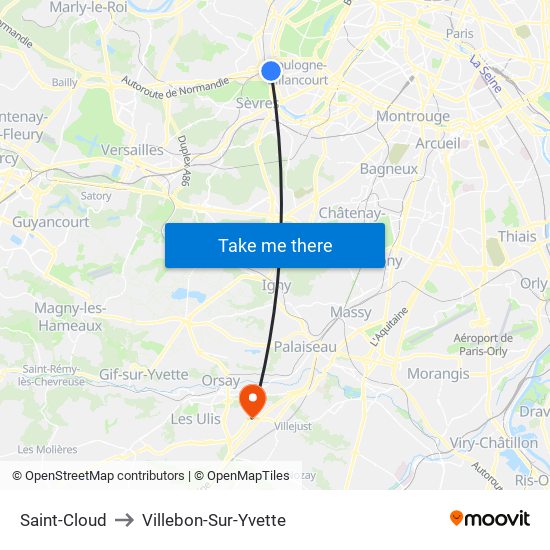 Saint-Cloud to Villebon-Sur-Yvette map