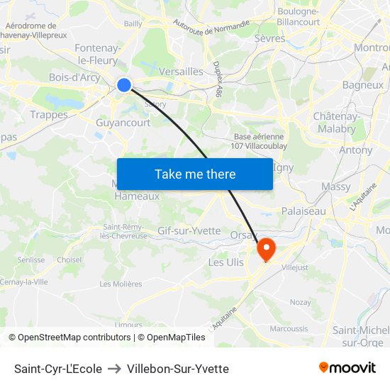 Saint-Cyr-L'Ecole to Villebon-Sur-Yvette map