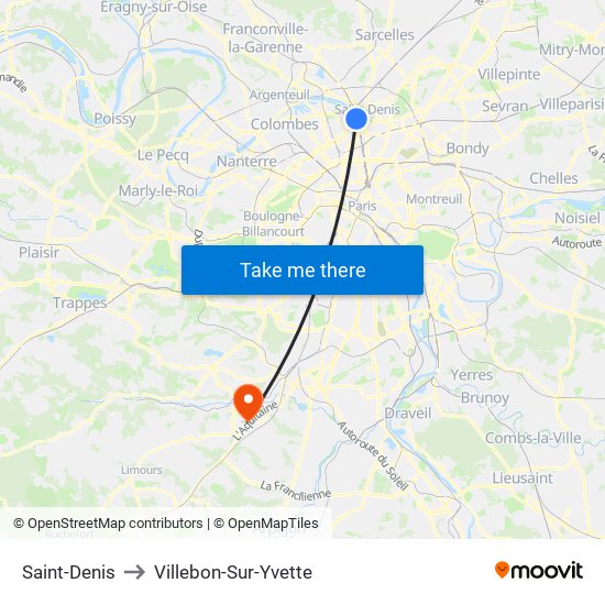 Saint-Denis to Villebon-Sur-Yvette map