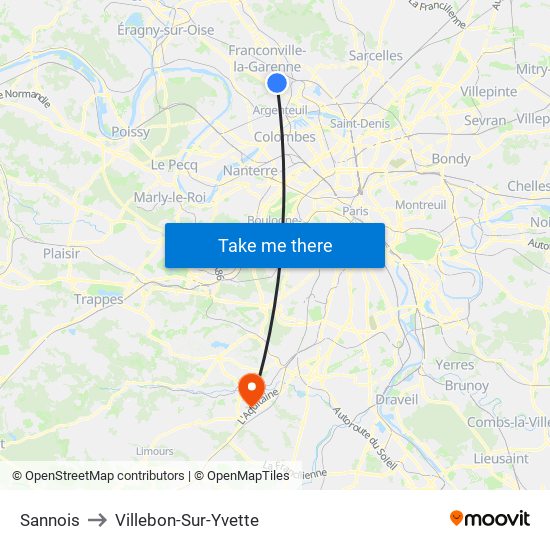 Sannois to Villebon-Sur-Yvette map