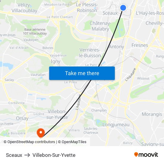 Sceaux to Villebon-Sur-Yvette map
