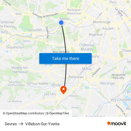 Sevres to Villebon-Sur-Yvette map