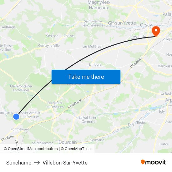 Sonchamp to Villebon-Sur-Yvette map