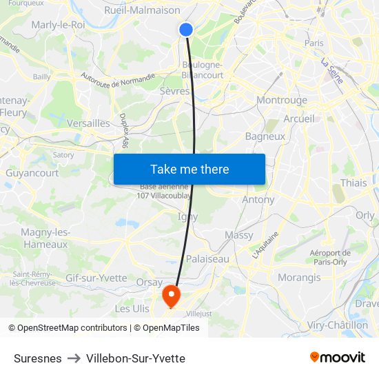 Suresnes to Villebon-Sur-Yvette map