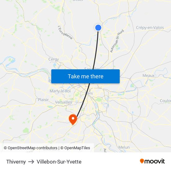 Thiverny to Villebon-Sur-Yvette map