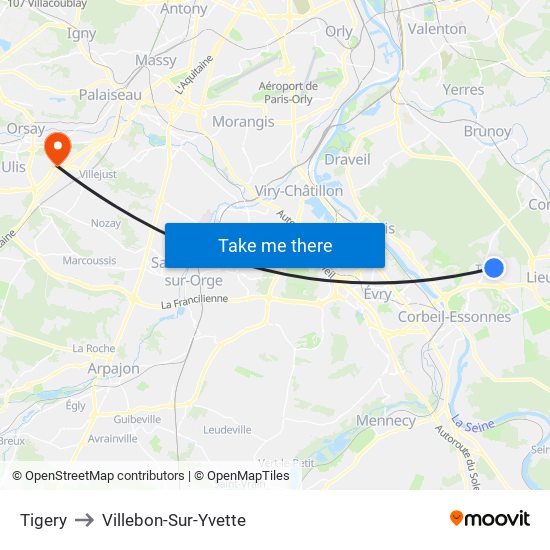 Tigery to Villebon-Sur-Yvette map