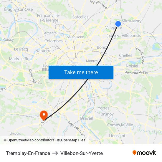 Tremblay-En-France to Villebon-Sur-Yvette map