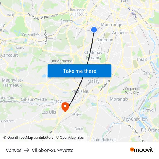 Vanves to Villebon-Sur-Yvette map