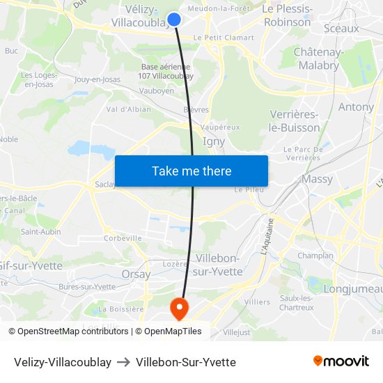 Velizy-Villacoublay to Villebon-Sur-Yvette map