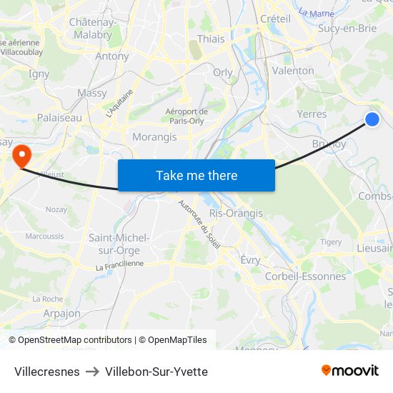 Villecresnes to Villebon-Sur-Yvette map