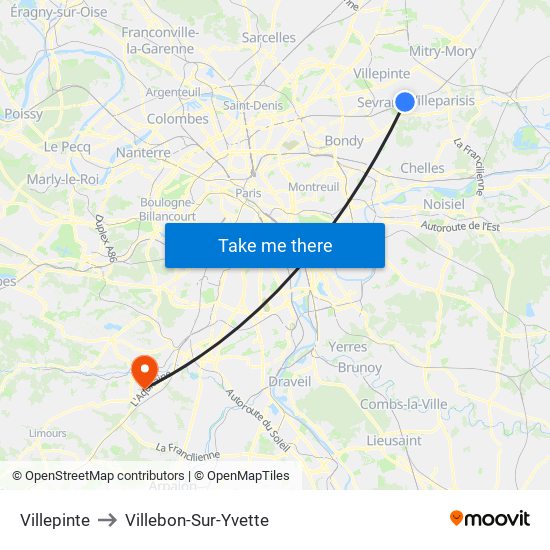 Villepinte to Villebon-Sur-Yvette map