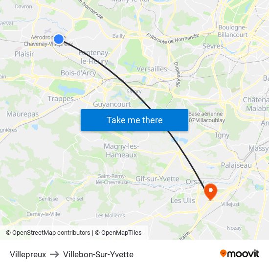 Villepreux to Villebon-Sur-Yvette map