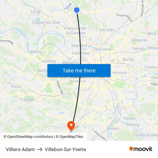 Villiers-Adam to Villebon-Sur-Yvette map