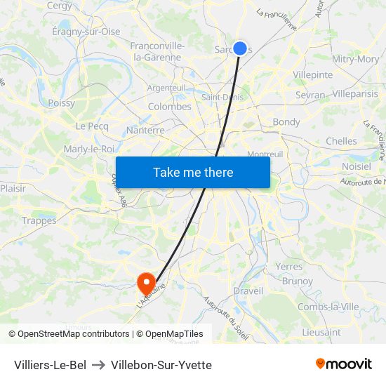 Villiers-Le-Bel to Villebon-Sur-Yvette map