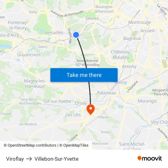 Viroflay to Villebon-Sur-Yvette map