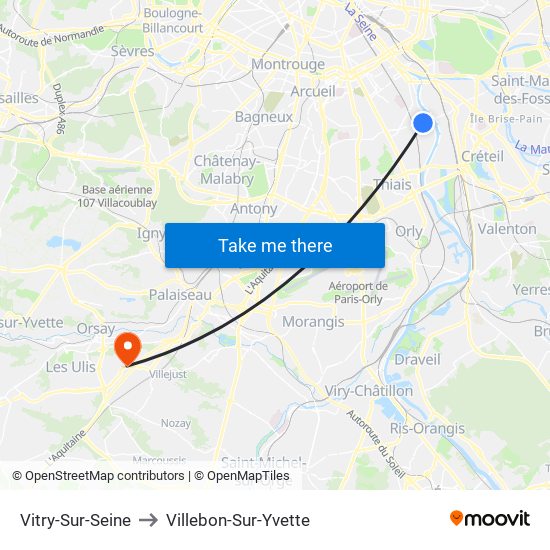 Vitry-Sur-Seine to Villebon-Sur-Yvette map