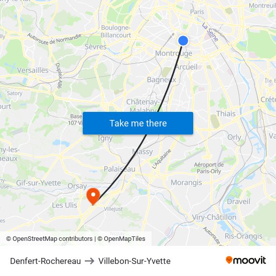 Denfert-Rochereau to Villebon-Sur-Yvette map