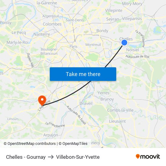 Chelles - Gournay to Villebon-Sur-Yvette map