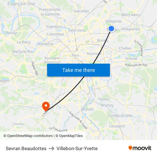 Sevran Beaudottes to Villebon-Sur-Yvette map